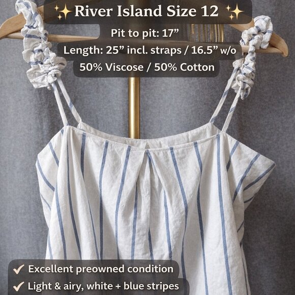 River Island Tops - River Island White Blue Striped Camisole Top Size 12 Ruffle Strap Cotton Viscose